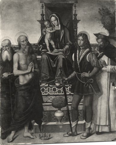 Anonimo — Panetti Domenico - sec. XVI - Madonna con Bambino in trono, sant'Antonio Abate, san Giobbe, san Vito e san Pietro Martire — insieme